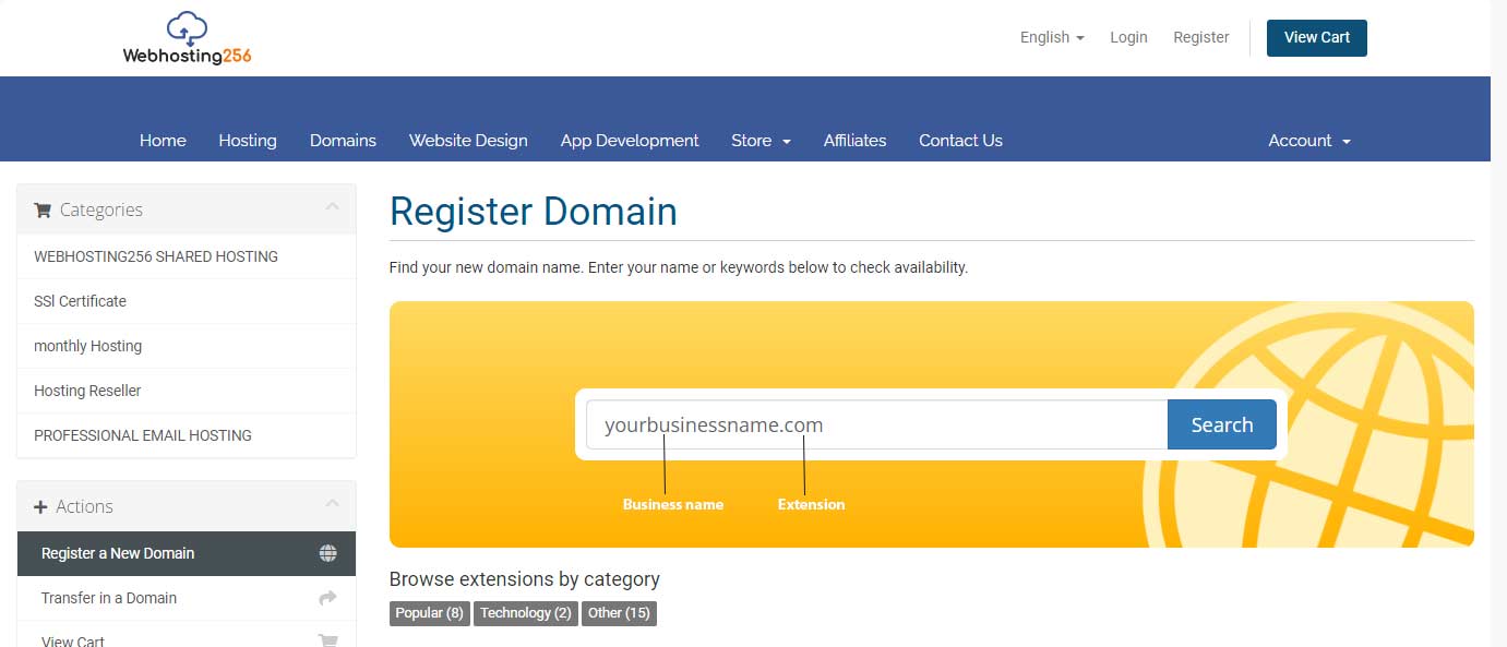 An image  showing domain search  at webhosting256.com